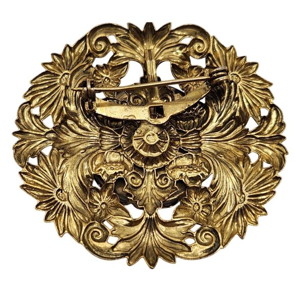 Vintage Hand Painted Porcelain Floral Brooch Gold Tone Filigree Setting 1.9" D - Picture 6 of 6